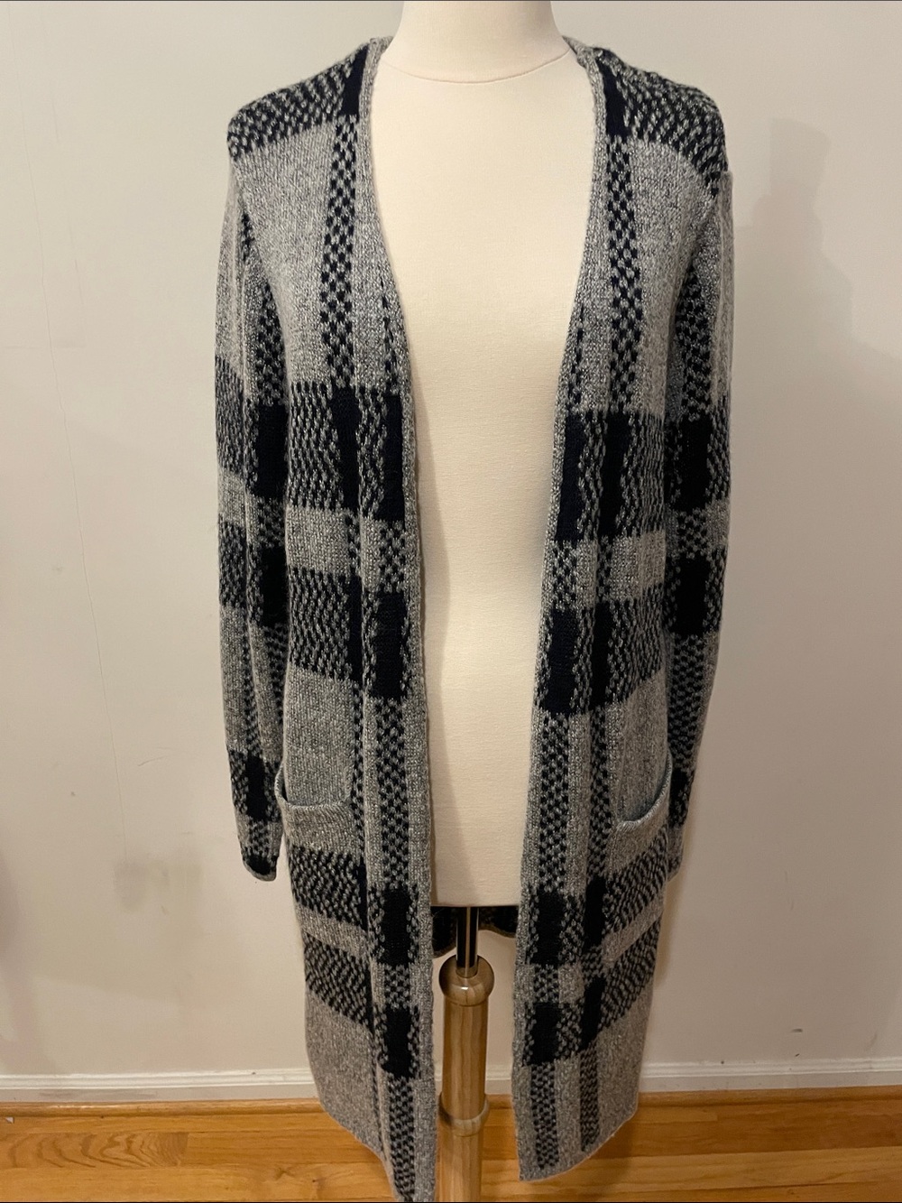 Apt. 9 Black & Gray Plaid Open Front Cardigan Duster W Pockets Size XL